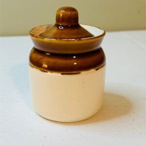 Small Brown and Off-white Ceramic Stoneware Jar With Lid